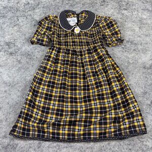 Vintage Amy Too! Dress Girls 5 Black & Yellow Plaid Collard Flower Button Tie